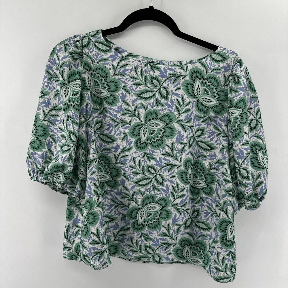 Ann Taylor Blouse Top Sz Medium Short Puff Sleeve Floral Green, Purple white